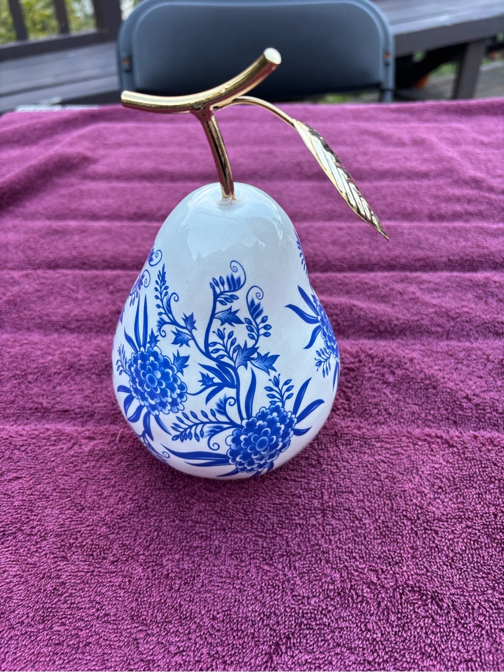 Decorative Porcelain Pear with Blue Floral Chinoiserie Pattern and Gold Stem